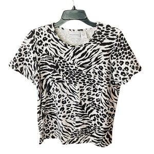 Alfred Dunner short sleeve animal print sequin stretch top SZ S white brown